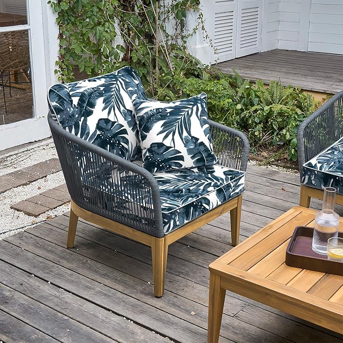 LVTXIII Outdoor Deep Seat Cushion Patio Seat and Back Cushion Set Seasonal Chair Cushion with Removable Cover and Adjustable Buckle for Home and Garden, 22"x22"x4", Palms Blue-VerdiqueGarden