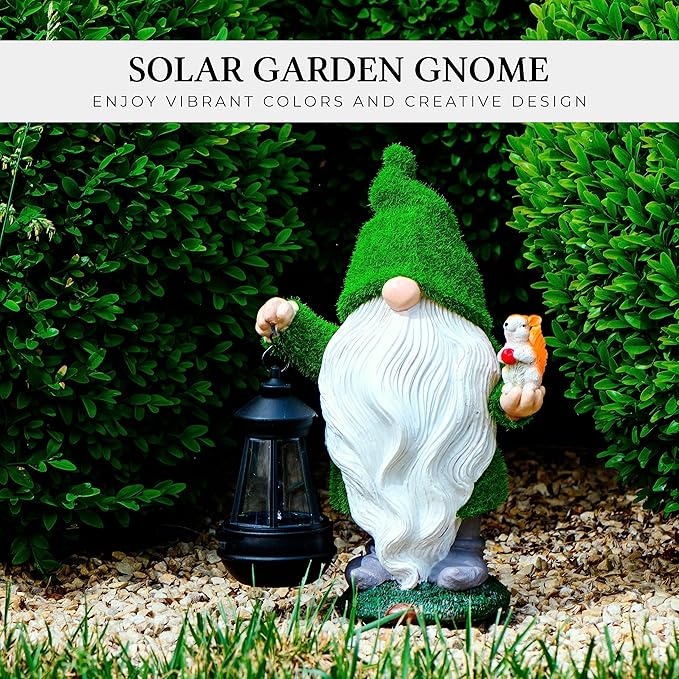 Garden Gnome with Squirrel 11.8, Gnomes with Solar Lantern, Garden Statues Outdoor Clearance, Garden Gnomes Outdoor Funny for Patio Decor, Fall Gnomes-VerdiqueGarden
