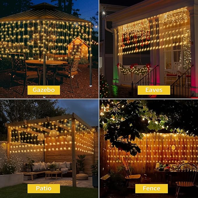 32.8 * 3.28FT Large Size Solar Curtain Lights Outdoor, 8 Modes Icicle Lights, Garden Christmas Decortions for Patio, Gazebo, Eaves, Fence, Tree, Porch (Warm White)-VerdiqueGarden