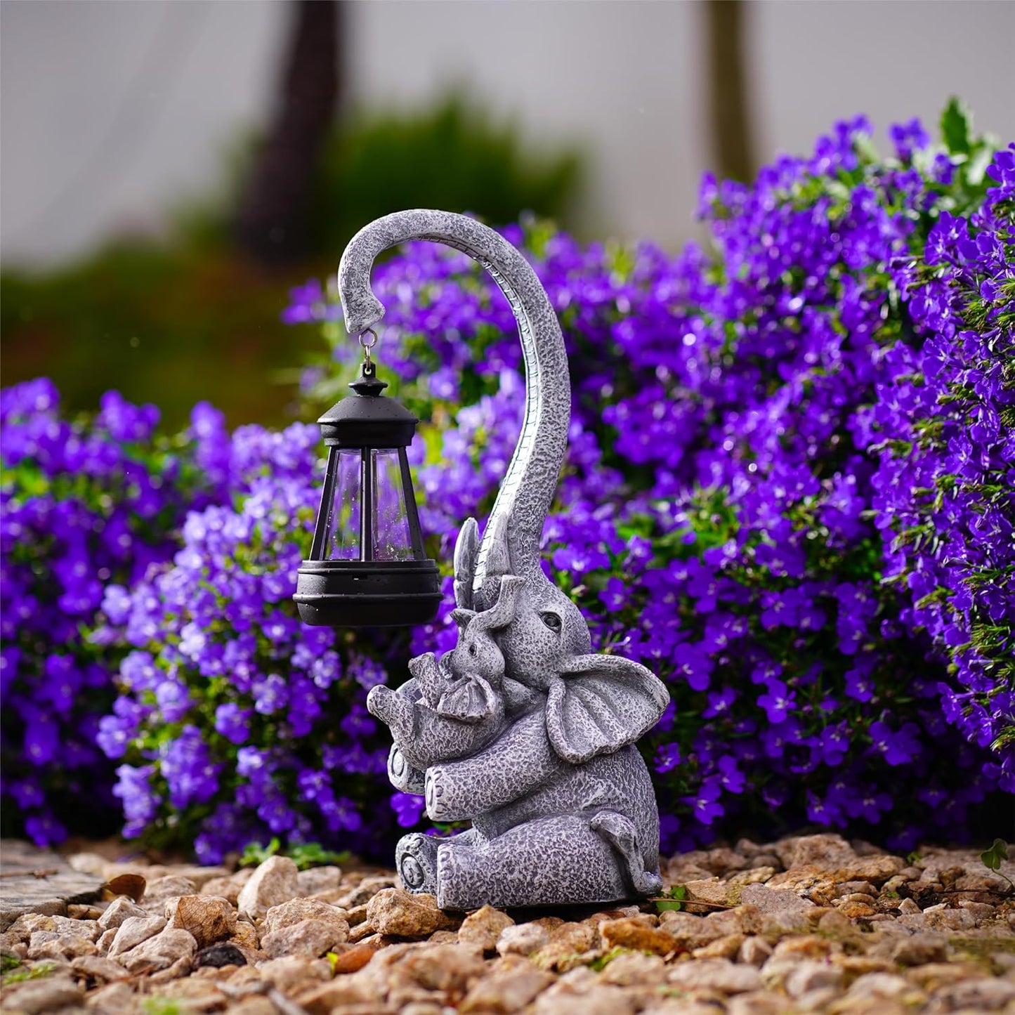 Elephant Outdoor Statues with Cute Baby Garden Decor, Resin Elephant Figurines with Solar Lantern Outdoor Decoration Gifts for Mothers Day, Birthday Day-VerdiqueGarden