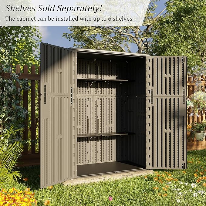 HOMSPARK Outdoor Storage Shed Weather Resistance, Patio Storage Cabinet Lockable Resin Tool Shed for Storage of Bike, Trash Cans, Garden Tools (Shallow Coffee, 66 Cu.ft)-VerdiqueGarden