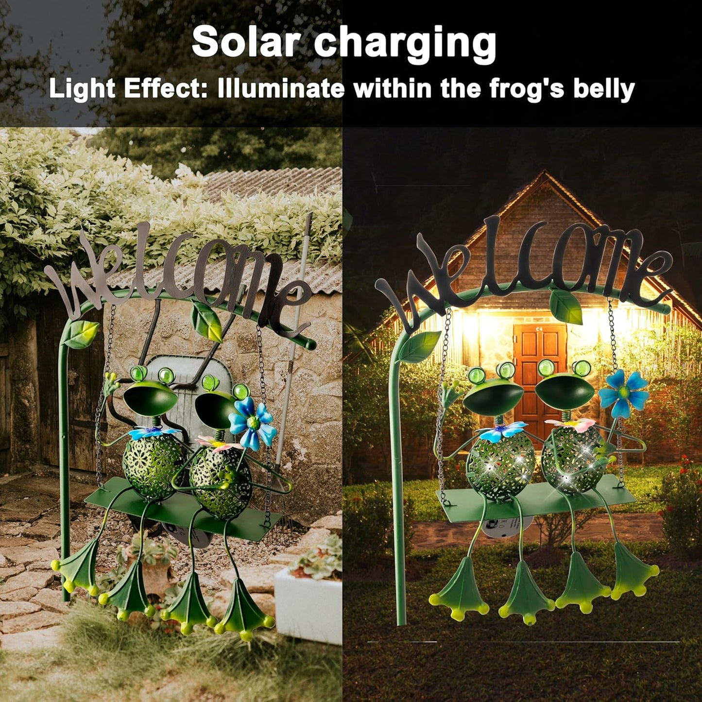 Frog Solar Light Garden Outdoor Decoration Swing Metal Stake Lamp with Welcome Sign Waterproof Patio Yard Decor Gifts-48 inch-VerdiqueGarden
