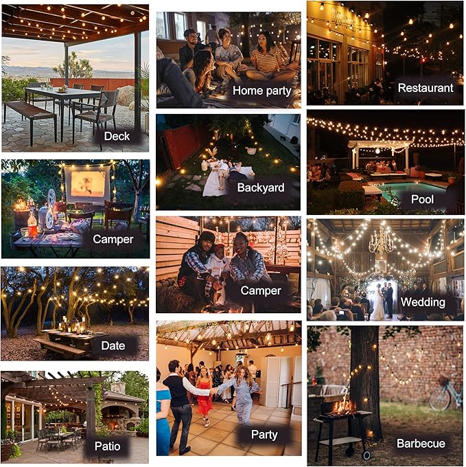 DAMAING LED Outdoor String Lights 100FT Patio Lights with 52 Shatterproof Edison Bulbs,Dimmable Hanging Lights,Waterproof String Lights for Outside Wedding,Bistro,Porch,Backyard,2200K-VerdiqueGarden