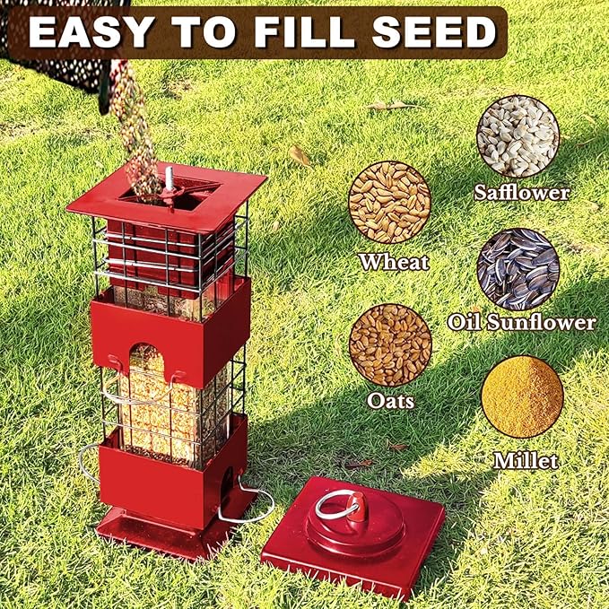 Squirrel Proof Bird Feeder, 3LBS Large Capacity Hanging Bird Feeders for Outdoors, Weight-Activated Perches Metal Anti-Squirrel Birdfeeder for Blue Jay, Cardinal, Outside (Red)-VerdiqueGarden