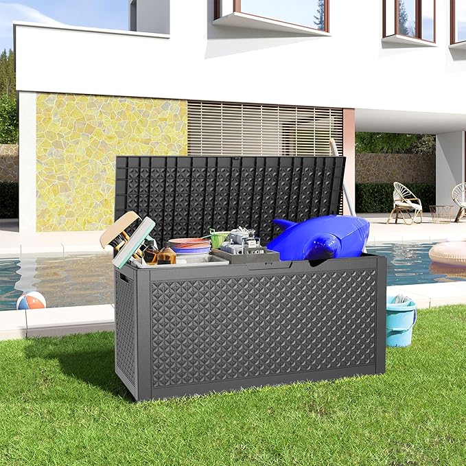 100 Gallon Waterproof Outdoor Storage Box,Resin Deck Box,Lockable Outside Storage Box Container for Patio Furniure,Garden,Pool Tools (100 Gallon,Black pattern)-VerdiqueGarden