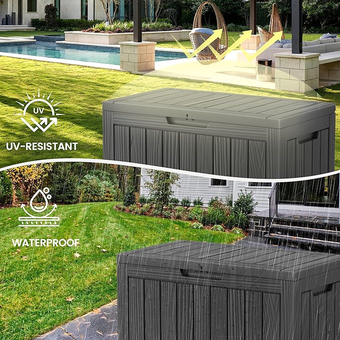 45 Outdoor Storage Box, Waterproof Resin Deck Box with Side Handles, Lockable Outdoor Bench for Indoor & Outdoor Use, Storage Bin for Patio Cushions, Garden Tools, Package Delivery, Black-VerdiqueGarden