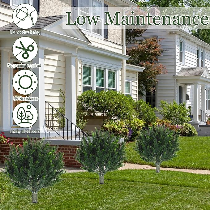 Yunlly 4 Pcs Artificial Cedar Topiary Ball Fake Tree 18" Bush Front Porch Decor Artificial Shrubs for Outdoors Faux Cypress with Ground Spike, Evergreen Plants for Indoor Garden Patio, UV Resistance-VerdiqueGarden