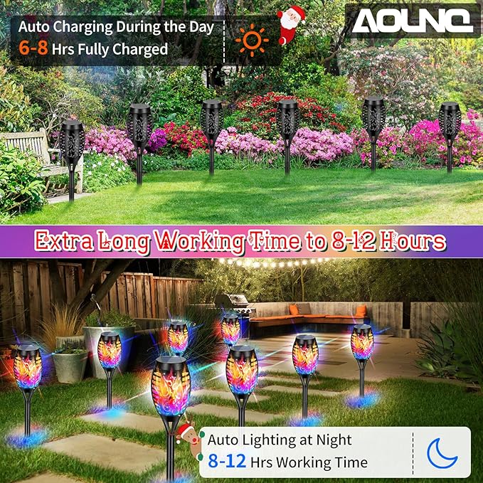12 Pack Solar Torch Lights Outdoor Waterproof - Multicolor Flickering Flame, Outdoor Solar Garden Lights for Yard, Tiki Torches for Outside Patio Pathway Decorations-VerdiqueGarden