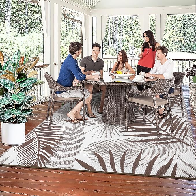 HiiARug Outdoor Rugs 9'x12' for Patios Clearance Brown Reversible Outdoor Rug, Outdoor Plastic Straw Rug RV Camping Rug Large Outdoor Mat for RV, Patio, Backyard, Deck, Picnic, Beach, Trailer, Camping-VerdiqueGarden