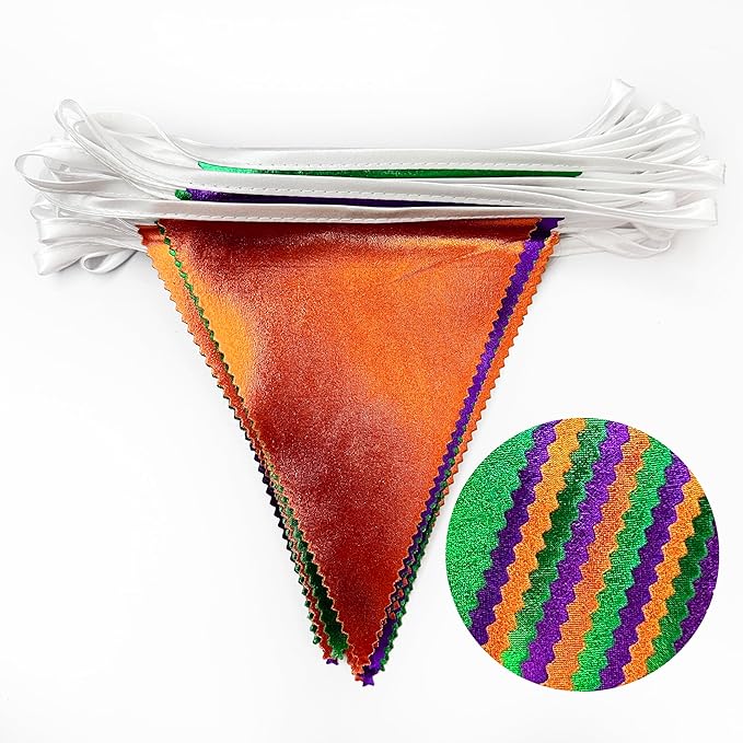 Halloween Party Decorations Metallic Fabric Green Orange Purple Triangle Pennant Banner Flag Bunting for Trick or Treat Spooky Hey Boo Happy Halloween Holiday Birthday Baby Shower Party Supplies-VerdiqueGarden