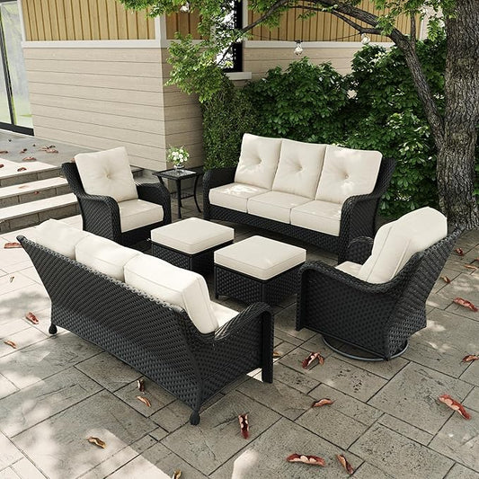 7 Pieces Outdoor Patio Furniture Sets with Rocking Swivel Chairs with 6-inch Thick Cushion and Side Table for Deck Lawn-VerdiqueGarden