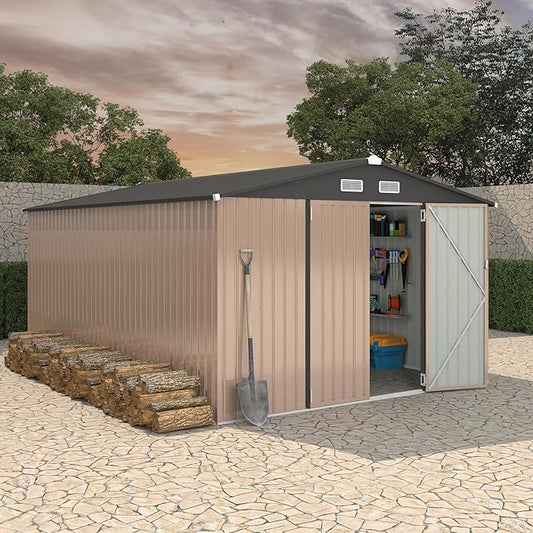 10x14 FT Metal Storage Sheds Outdoor, Metal Yard Sheds Garden Shed Kit, Metals Tool Shed with Lockable Door, Metals UtilityShed Buildings with Air Vent for Backyard Garden Patio Lawn-VerdiqueGarden