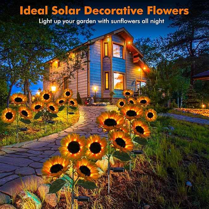 Solar Sunflower Lights, 800mA Solar Garden Light with Real Looking Flowers Outdoor Waterproof Solar Stake Lights for Back Yard, Flower Bed, Pathway, Patio, Porch, Spring Decoration (2 Pack)-VerdiqueGarden