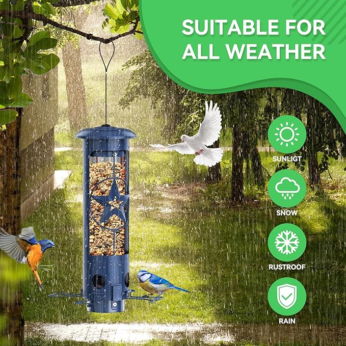 Squirrel Proof Bird Feeders for Outdoors Hanging, Metal Squirrel Proof Bird Feeder with Gravity Protection, 3LB Large Capacity Wild Bird Feeders for Outside Finch, Cardinal, Blue Jay (Blue)-VerdiqueGarden