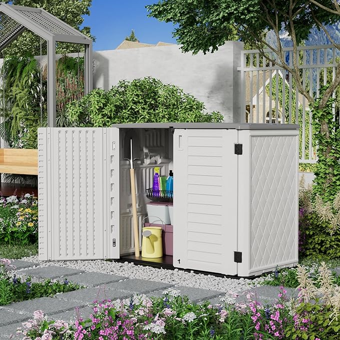 Outdoor Patio Storage Shed,Waterproof Horizontal Outdoor Storage Cabinet for Garbage Cans,Tools and Lawnmower Lockable(34 Cu.ft-Warm-White)-VerdiqueGarden