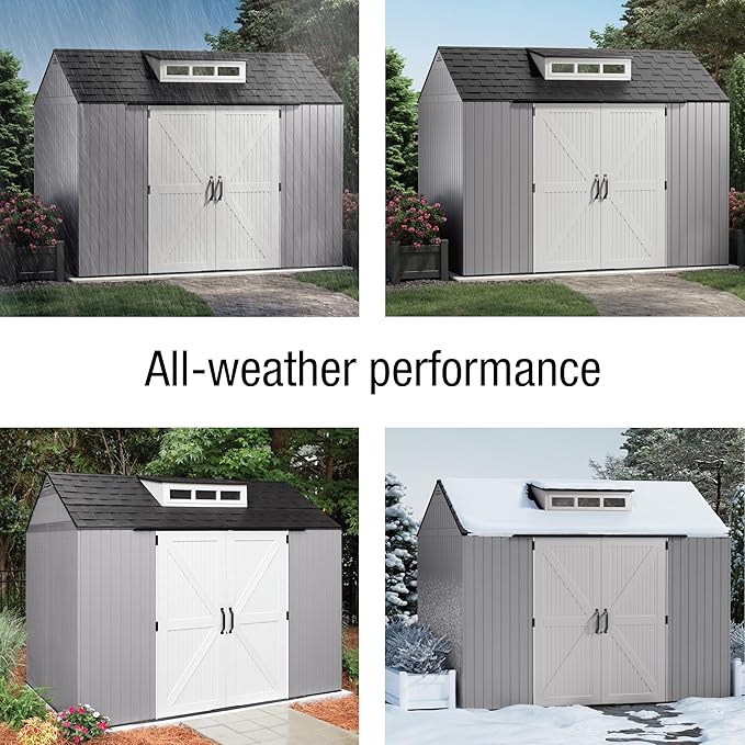 Rubbermaid Extra Large Resin Outdoor Storage Shed With Floor (7 x 10 Ft.), Weather Resistant, Brown, Organization for Home/Lawn Mower/Backyard Equipment/Bike Storage/Pool Supplies-VerdiqueGarden