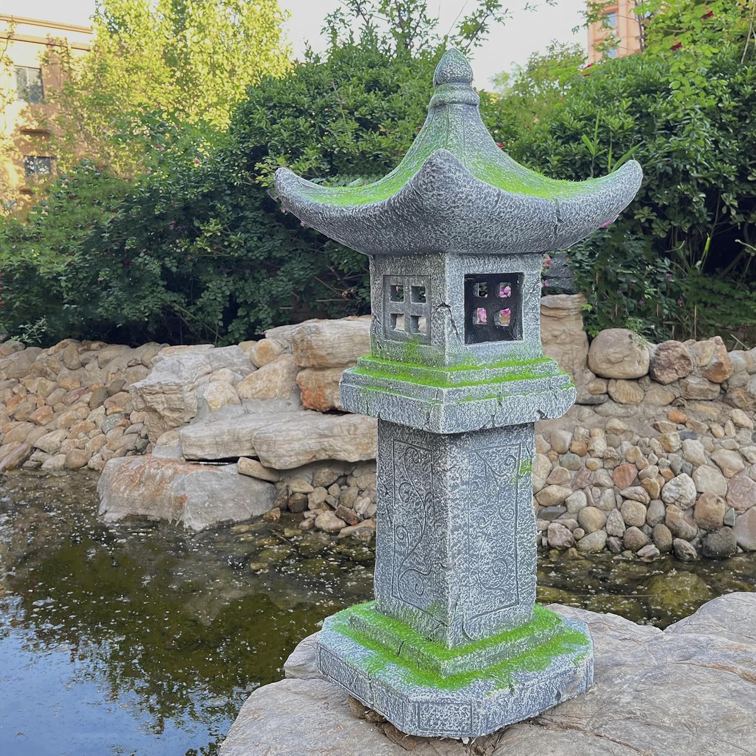 31.5’’High Japanese Pagoda Statue Moss-Covered Retro Miniature Tower Lantern Garden Decoration Figurines Outdoor Asian Decoration Zen Courtyard Landscape…-VerdiqueGarden