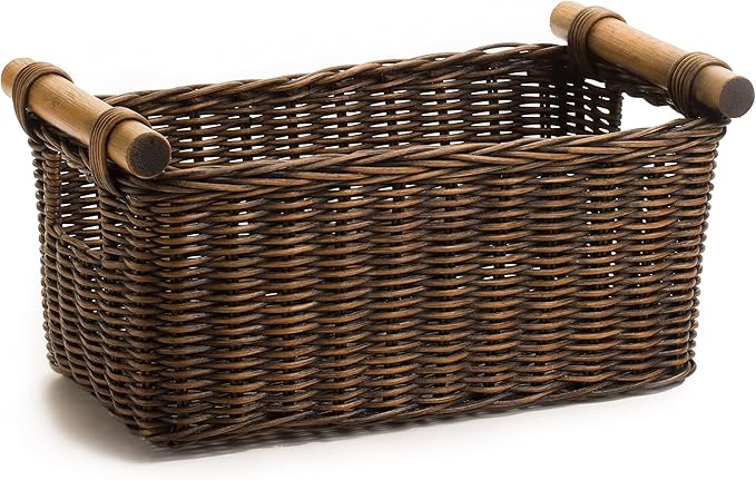 The Basket Lady Petit Pole Handle Wicker Storage Basket, Medium, 12 in L x 6.5 in W x 6 in H, Antique Walnut Brown-VerdiqueGarden