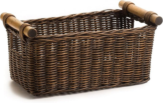 The Basket Lady Petit Pole Handle Wicker Storage Basket, Medium, 12 in L x 6.5 in W x 6 in H, Antique Walnut Brown-VerdiqueGarden