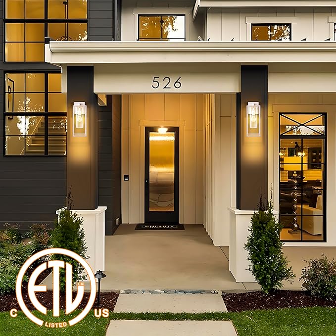 15.7 Inch Outdoor Wall Lights, White Outdoor Wall Lantern with Square Clear Glass Shade, Waterproof Exterior Lighting Fixtures, Modern Front Porch Lighting for House, Garage, E26 Base, ETL Listed-VerdiqueGarden