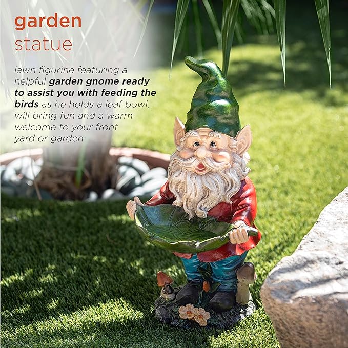 Alpine Corporation 16" Tall Outdoor Garden Gnome and Bird Feeder Yard Statue Decoration-VerdiqueGarden