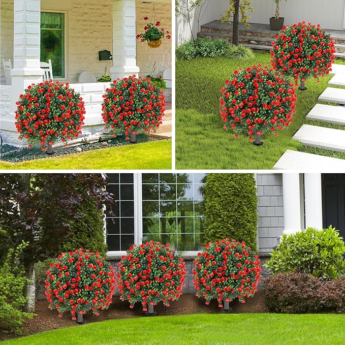 Artificial Red Rose Topiary Ball Tree 25" with Ground Spike, Set of 2 Artificial Boxwood Bushes for Faux Shrubs, Fake Evergreen Faux Plant for Indoor Outdoor Porch Garden -UV Resistant–Fade-Proof-VerdiqueGarden