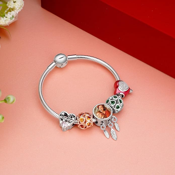 Annmors Personalized Photo Charm for Bracelet Necklaces,925 Sterling Silver Charm Love Heart Shaped Engraved Customize Picture Gift for Birthday Mother's Day Christmas,Bead Charms Jewelry for Women