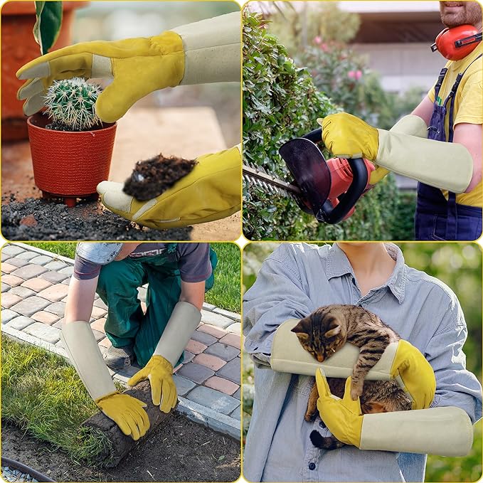 HANDLANDY Rose Pruning Gardening Gloves for Men Women, Thorn Proof Forearm Protection Leather Garden Gloves, Gardening Gifts for Gardeners (Yellow- goatskin, Medium (Pack of 1))-VerdiqueGarden