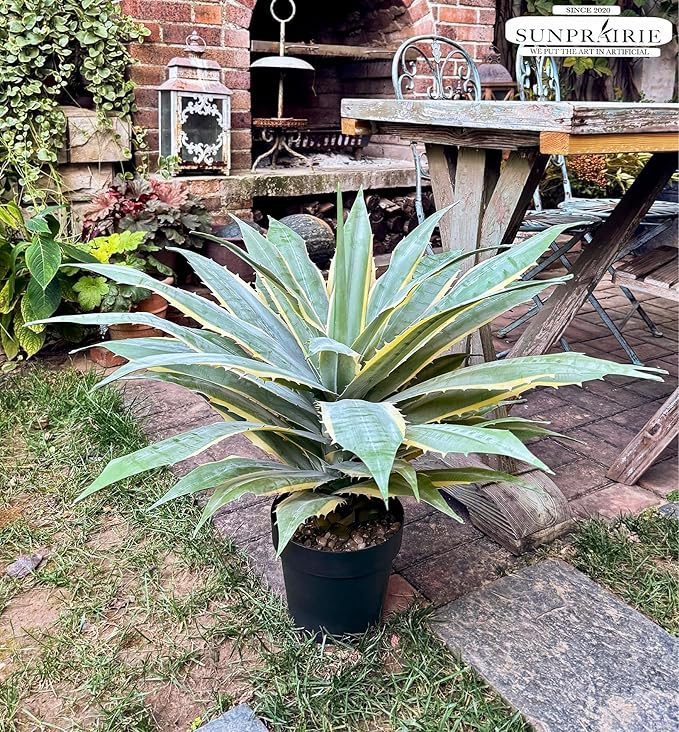 SUNPRAIRIE 32 Inch Tall Large Faux Agave Plant with Two-Tone Sawtooth Edged Leaves; Planted in Black Pot with Real Stone Pebbles. Large Artificial Plants Indoor and Outdoor.-VerdiqueGarden