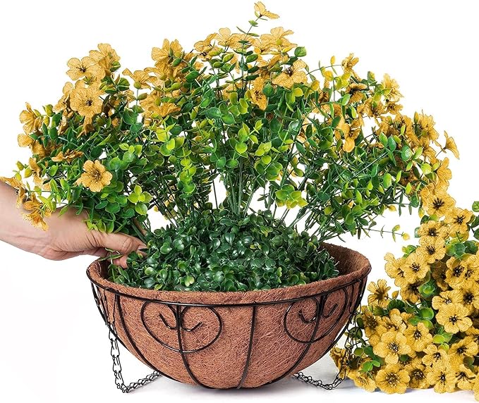 Artificial Fake Fall Hanging Mums Plants Flowers Basket for Outdoor, Autumn Faux Silk Yellow Daisy in Hang Planter Look Real UV Resistant for Porch Home Patio Balcony Yard Decor-VerdiqueGarden