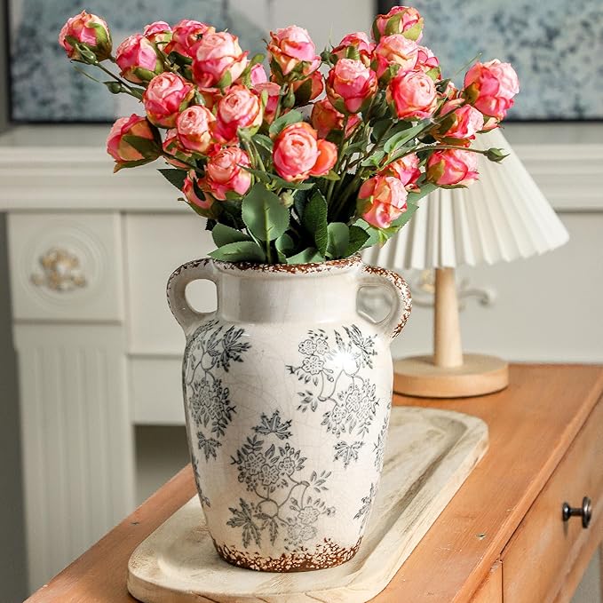 Enra Vintage vase with Handle,9.4 inch Blue and White Ceramic Decorative Flower vase, Chinoiserie Floral Vase,Large Rustic Vases for Home Decors, Living Room, Bookshelf, Office-VerdiqueGarden