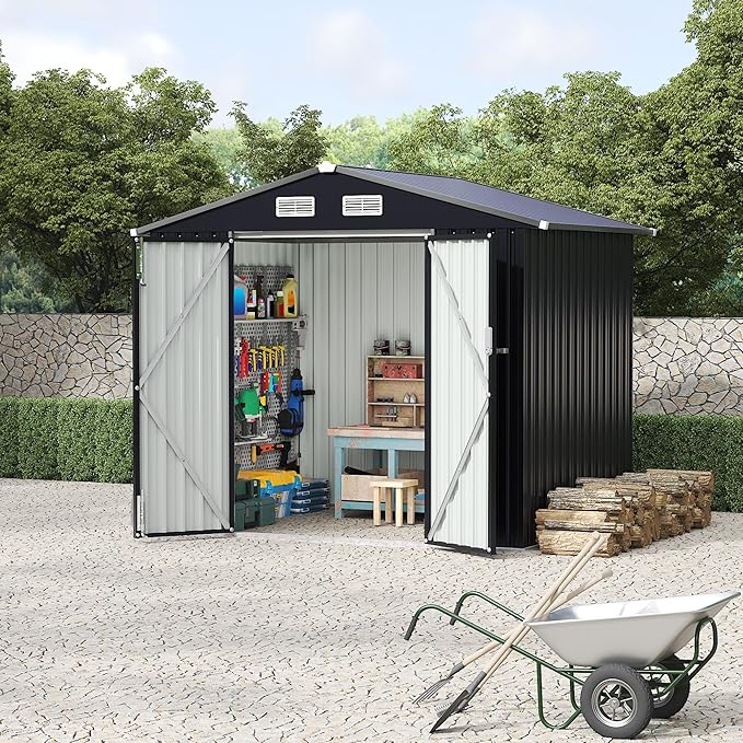 6x8 FT Metal Storage Sheds Outdoor with Floor, Metal Yard Sheds Garden Shed Kit, MetalTool Shed with Lockable Door, Metals UtilitySheds Buildings with Air Vent for Backyard Garden Patio Lawn-VerdiqueGarden