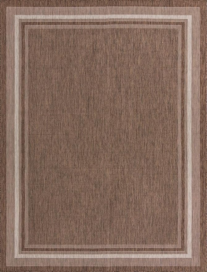 Unique Loom Outdoor Border Collection Area Rug - Soft Border (9' x 12' Rectangle, Brown/ Ivory)-VerdiqueGarden