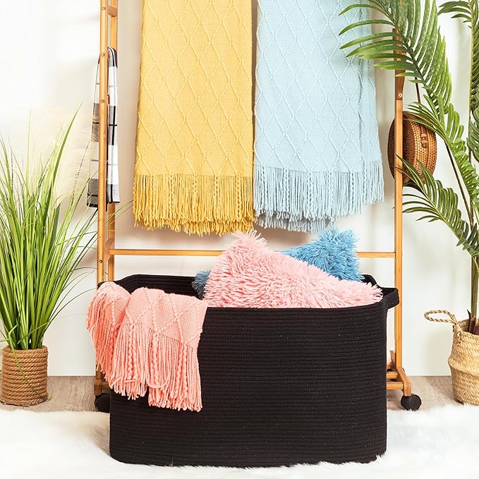MINTWOOD Design 22in Extra Large Blanket Basket Holder Living Room, Rectangle Rope Woven Storage Basket with Handles for Laundry, Pool Towels, and Shoes, Dog Toy Organizer Bin Box, Full Black-VerdiqueGarden