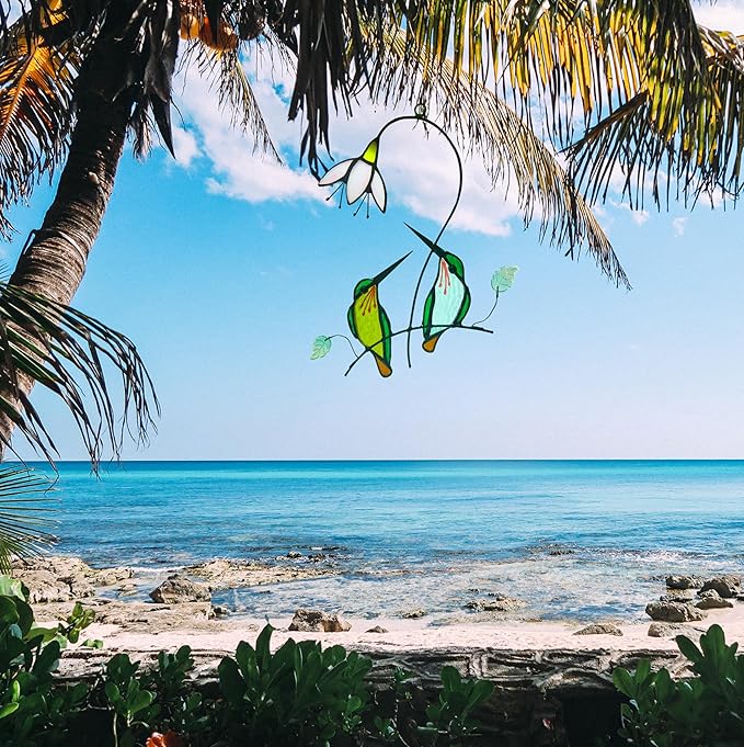 Hummingbird with Flower Stained Glass Suncatcher Bird Stained Glass Window Hangings Hummingbird Gift for Women Home Decor-VerdiqueGarden