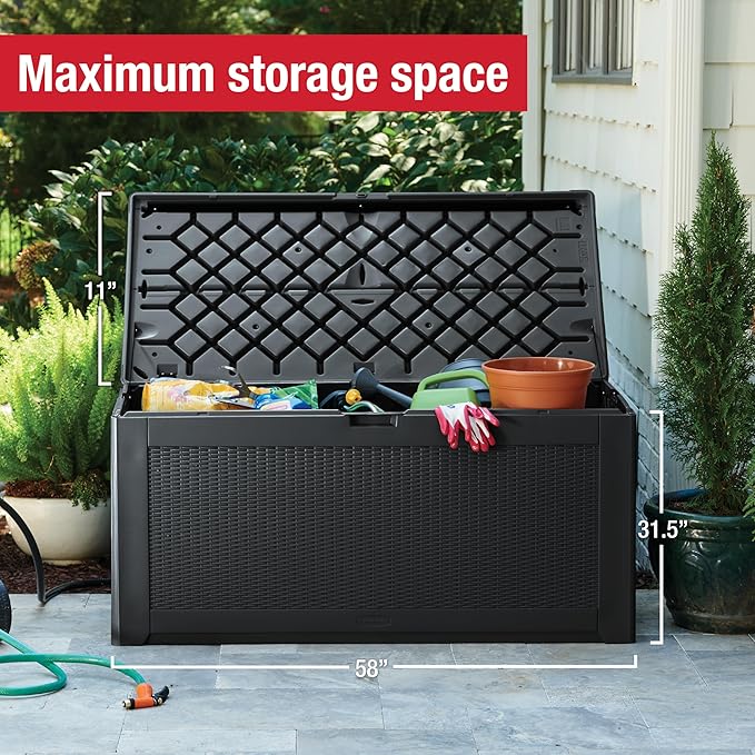 Rubbermaid Extra Large Resin Outdoor Storage Deck Box (134 Gal), Weather Resistant, Black, Deck Organization for Home/Backyard/Pool Chemicals/Toys/Garden Tools/Porch/Patio Cushions-VerdiqueGarden