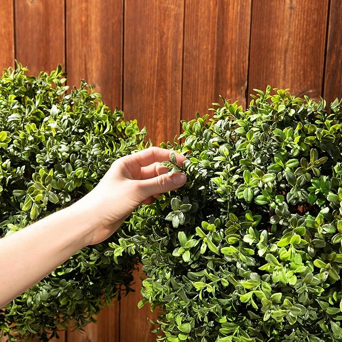 Premium 14" Diameter Artificial Boxwood Topiary – Set of 2 Faux Plants in Black Decorative Planters – UV-Resistant, Weatherproof, Realistic Outdoor & Indoor Greenery Accent-VerdiqueGarden