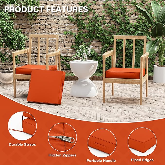 Patio Chair Cushions 17 X 16 X 3 Inch Waterproof Outdoor Seat Cushions for Patio Furniture, Outdoor Sofa Couch Pads with Ties & Handle, Set of 2, Orange-VerdiqueGarden