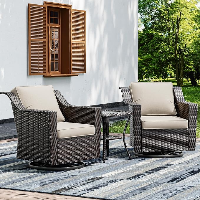 Joyside Wicker Patio Furniture Sets, 3 Pieces Upgraded Large Size Outdoor Furniture with 2 Patio Swivel Chairs and 1 Side Table, Thick Cushions, Wide Armrest-VerdiqueGarden