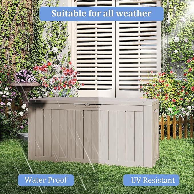 90 Gallon Lockable Resin Deck Box with Wheels, Waterproof & UV-Resistant Outdoor Storage Box for Outdoor Cushion Storage, Garden Tools & Pool Accessories Storage, Gray-VerdiqueGarden