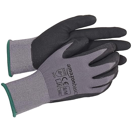Amazon Basics Micro-Foam Nitrile Coated Work Gloves, Nylon Liner Fiber, Touch Screen, Size 8/M, 12 Pairs, Grey-VerdiqueGarden
