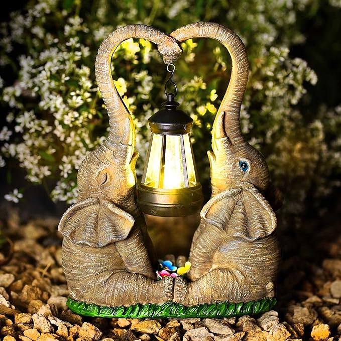 Elephant Statue Easter Garden Decor with LED Solar Lights-Set of 2 Good Luck Elephant Outdoor Statue Christmas Decorations for Yard Patio,Porch,Home -Mothers Day Gifts for Women, Mom, Grandma-VerdiqueGarden