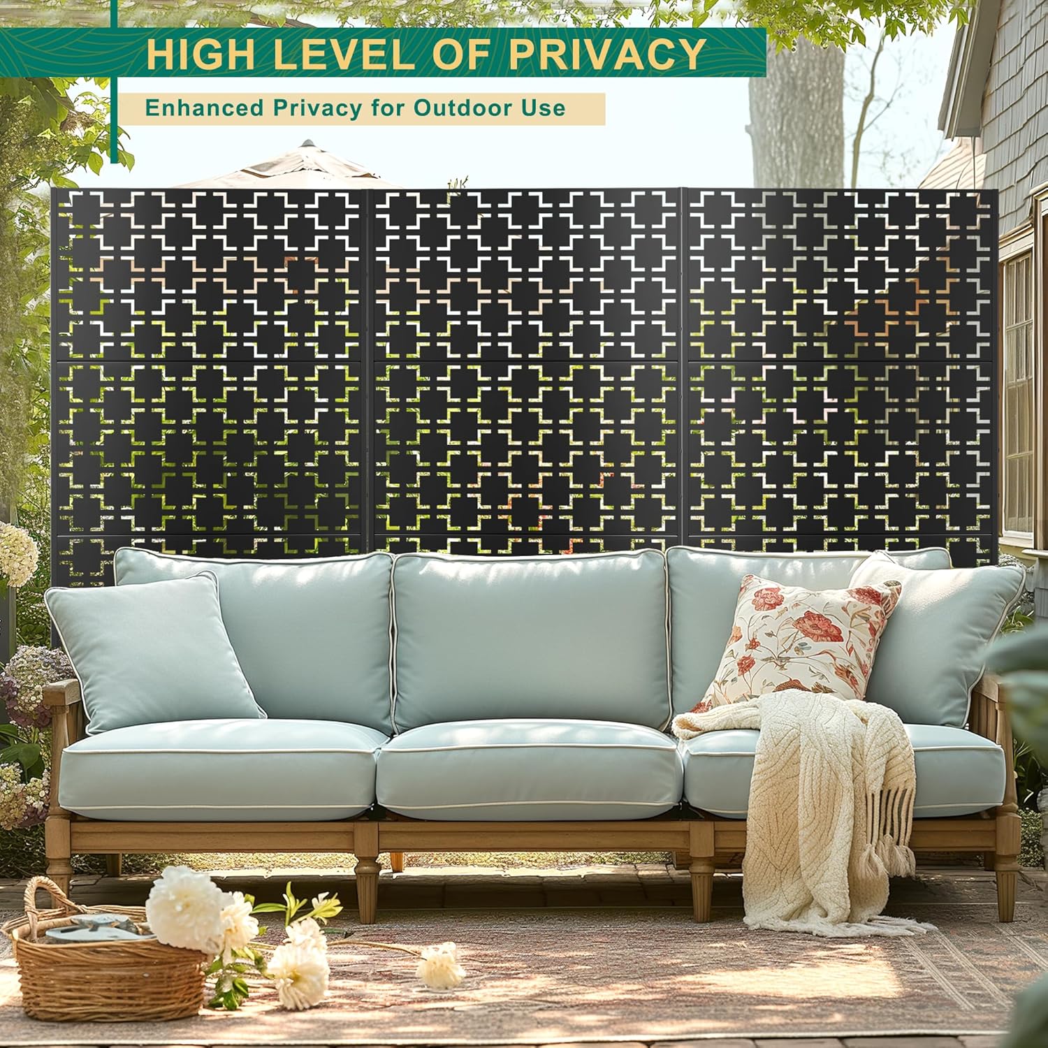 72" H×47" W Metal Privacy Screen Outdoor Privacy Screen Freestanding, Outdoor Privacy Screens and Panels for Patio Lawn Deck, Outdoor Privacy Panels Decorative Privacy Fence(Consists of 3 Panels)-VerdiqueGarden