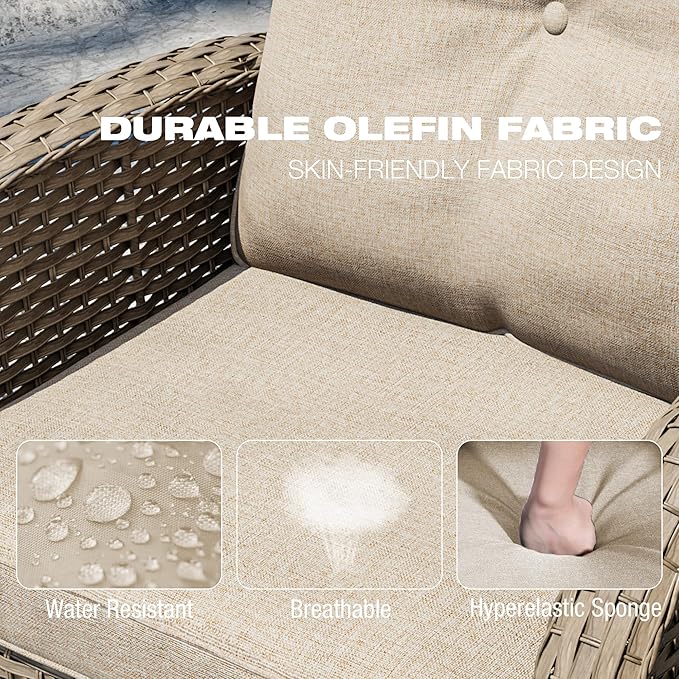 Joyside Outdoor Swivel Rocker Chairs, 6 Piece Wicker Patio Set with Thick Cushion and Side Table, Rattan Patio Swivel Rocking Chairs for Porch, Deck Use (Natural/Beige, 6 PCS)-VerdiqueGarden