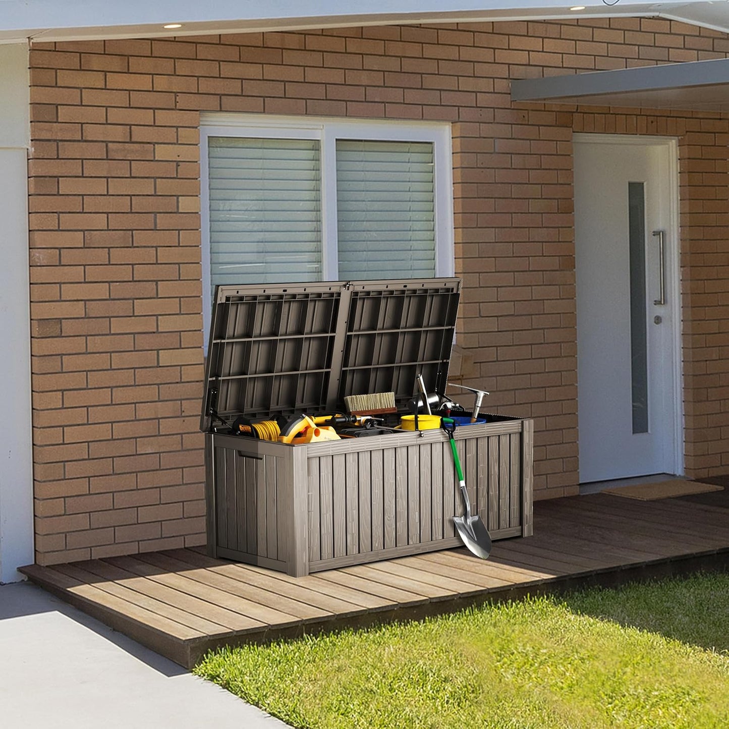 150 Gallon Double-Wall Resin Deck Box - Lockable Waterproof Outdoor Storage Box, 1000lbs Capacity & Doubles as Seating for Patio Furniture - Garden Tools, Pool Accessories (Brown)-VerdiqueGarden