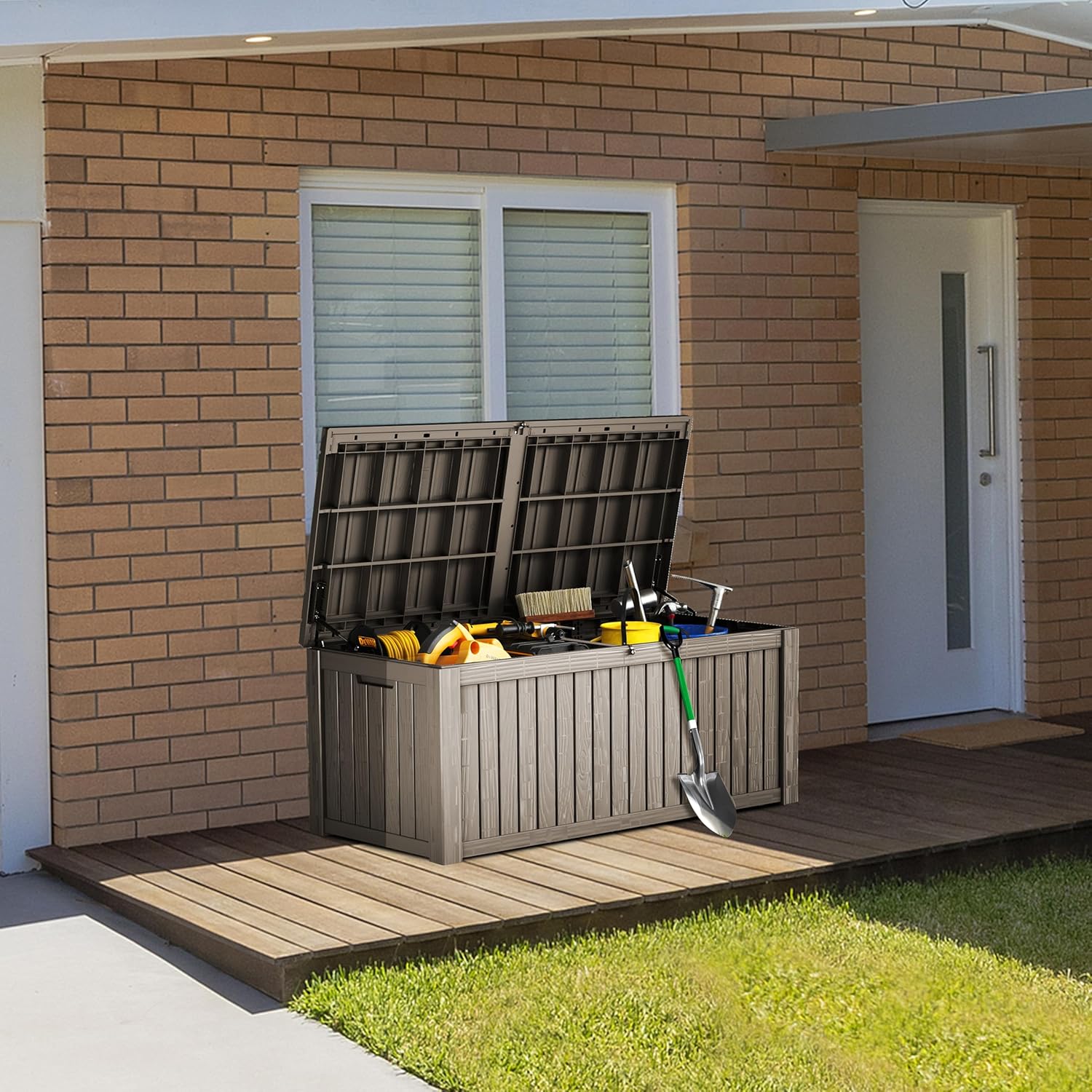 150 Gallon Double-Wall Resin Deck Box - Lockable Waterproof Outdoor Storage Box, 1000lbs Capacity & Doubles as Seating for Patio Furniture - Garden Tools, Pool Accessories (Brown)-VerdiqueGarden