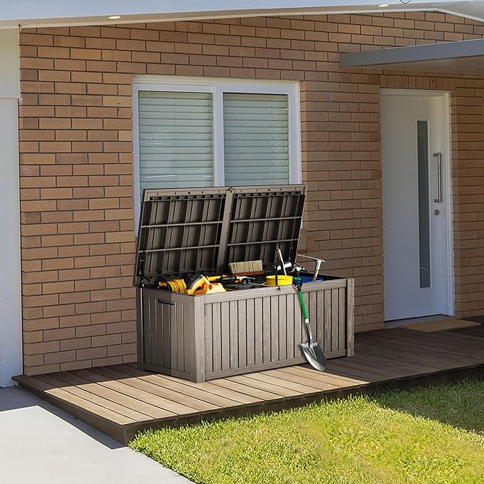 180 Gallon Lockable Resin Deck Box, Waterproof & UV-Resistant Outdoor Storage Box for Outdoor Cushion Storage, Garden Tools & Pool Accessories Storage, Gray-VerdiqueGarden