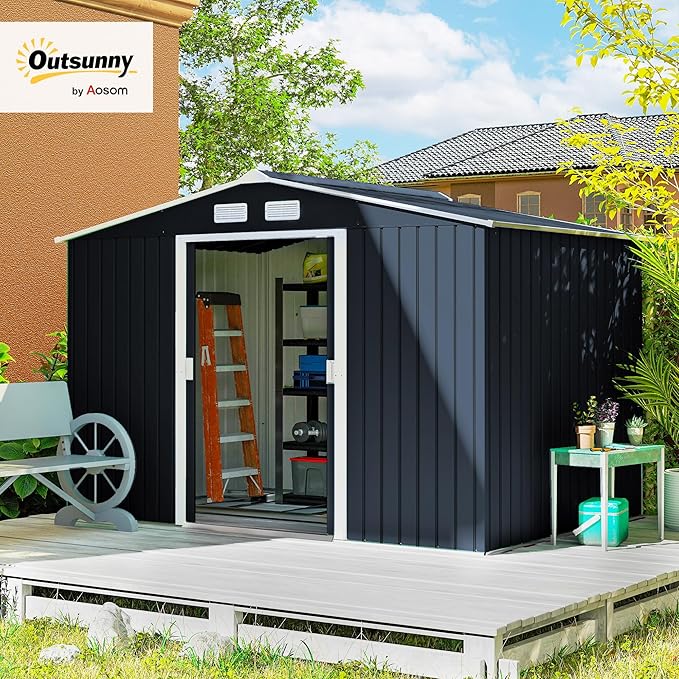 Outsunny 9' x 6' Outdoor Storage Shed, Garden Tool Metal Shed with Foundation Kit, Double Lockable Door, Air Vents and Sloping Roof, for Backyard, Patio, Lawn, Dark Gray-VerdiqueGarden