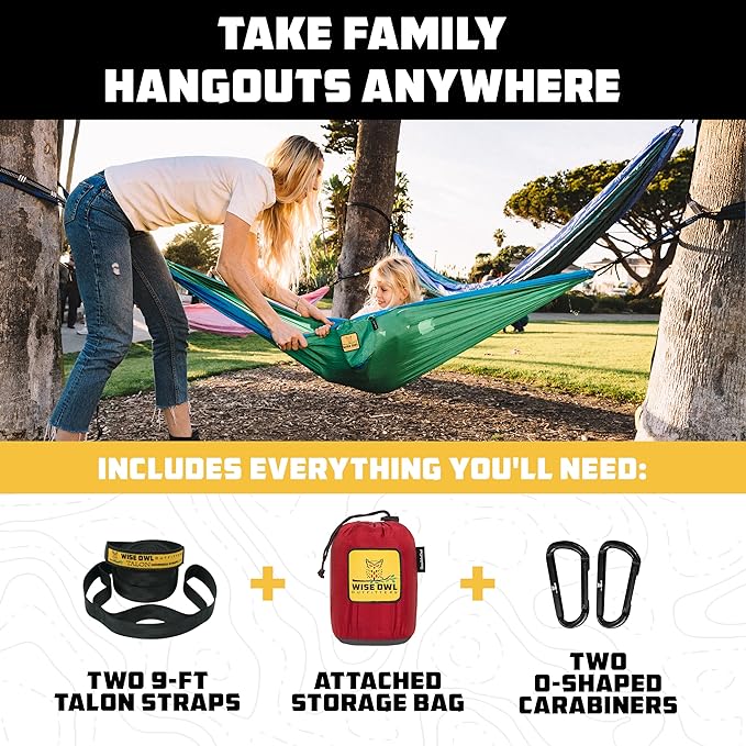 Wise Owl Outfitters Camping Hammock – 500lbs Portable Hammock with Tree Straps - Travel, Backpacking, Hiking, Outdoors Camping Gear - Single or Double-VerdiqueGarden