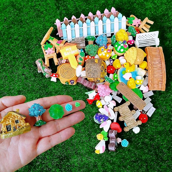 100 Pcs Miniature Fairy Garden Accessories Mini Landscape, Resin Micro Buildings Structures Tiny Animals Figurines-VerdiqueGarden